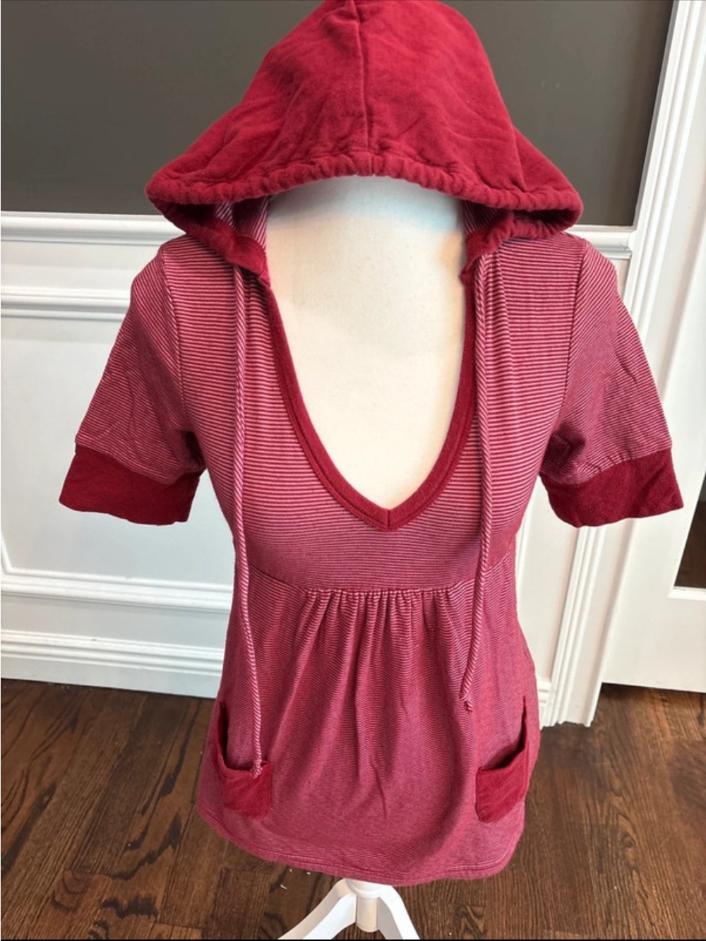 Self Esteem Y 2K Red Striped Hooded V-Neck Short Sleeve babydoll top